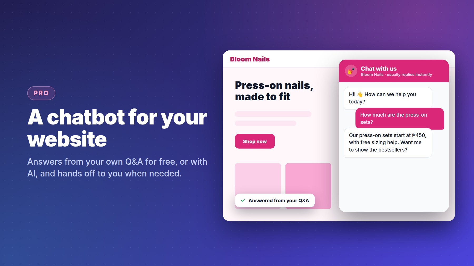 A chatbot on a business website answering from its own Q&A